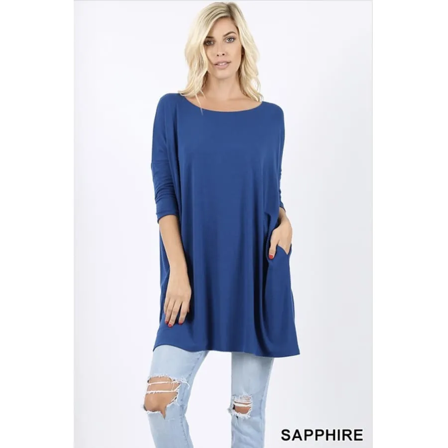 3/4 Sleeve Drop Shoulder Boxy Top with Pockets