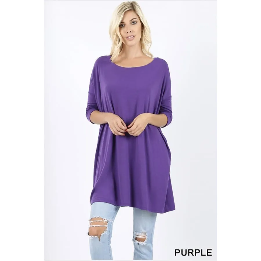 3/4 Sleeve Drop Shoulder Boxy Top with Pockets