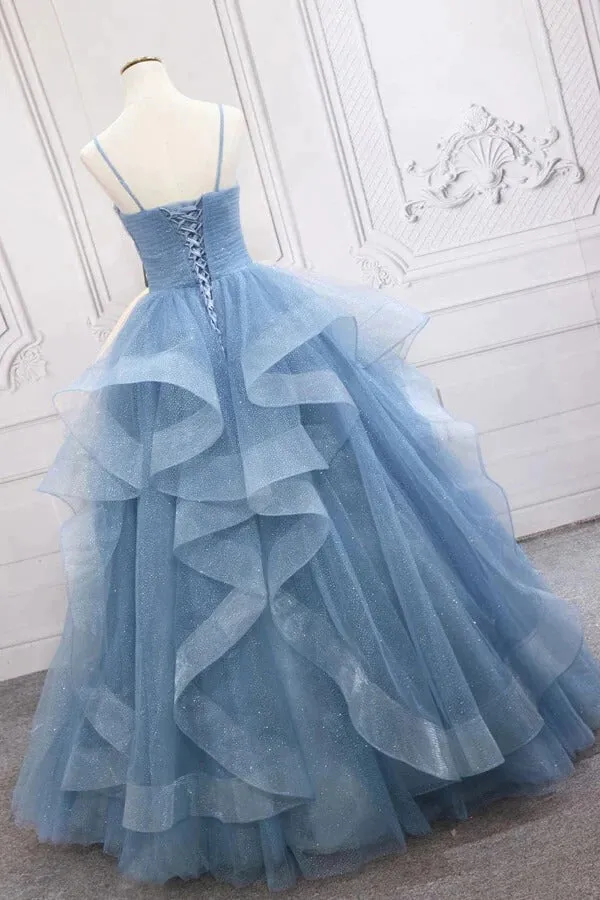 A-line Blue Tulle V-neck Sequins Sparkly Prom Dresses, Long Formal Dresses,BD930768