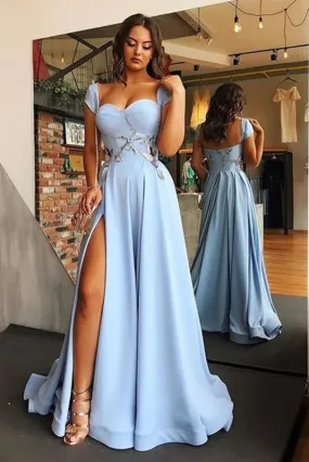 A Line Cap Sleeve Sweetheart Long Split Prom with Appliques Charming Formal Dress