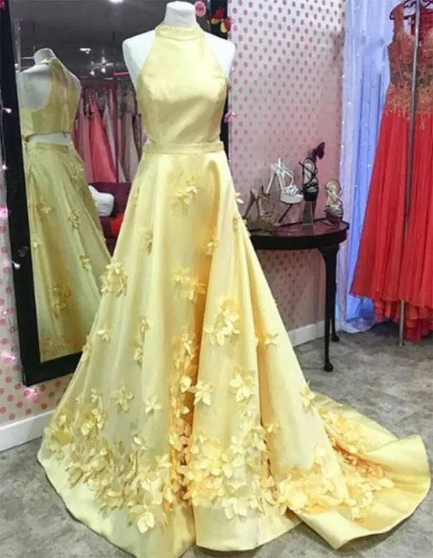 A Line Formal Yellow Halter Handmade Flowers Prom Dresses with Sweep Train