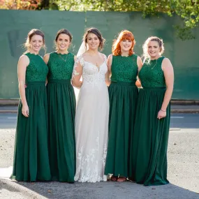 A-line Green Tulle Top Lace Long Cheap Bridesmaid Dresses, BDS0097