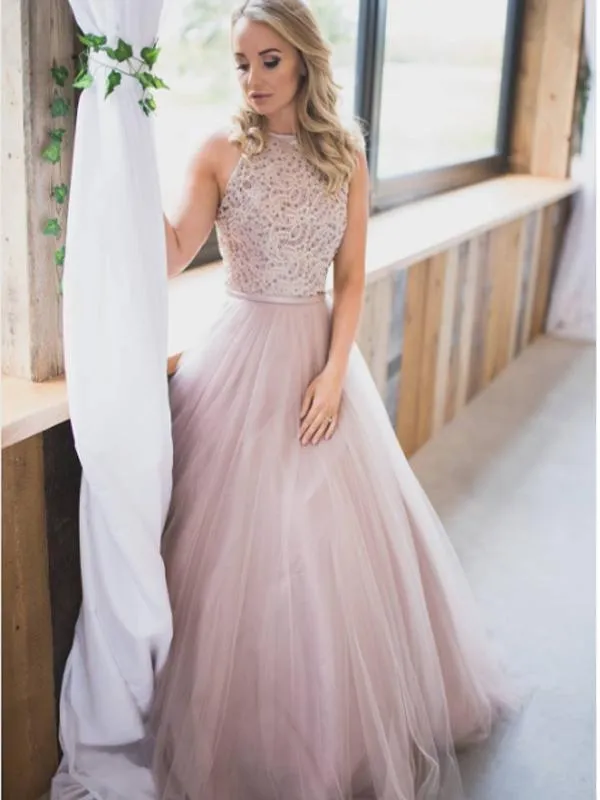 A-line High Neck Beaded Tulle Prom Dresses,Cheap Prom Dresses,PDY0465