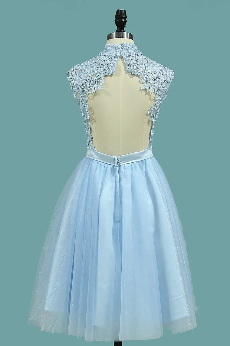 A Line Homecoming Dresses High Neck Tulle With Applique