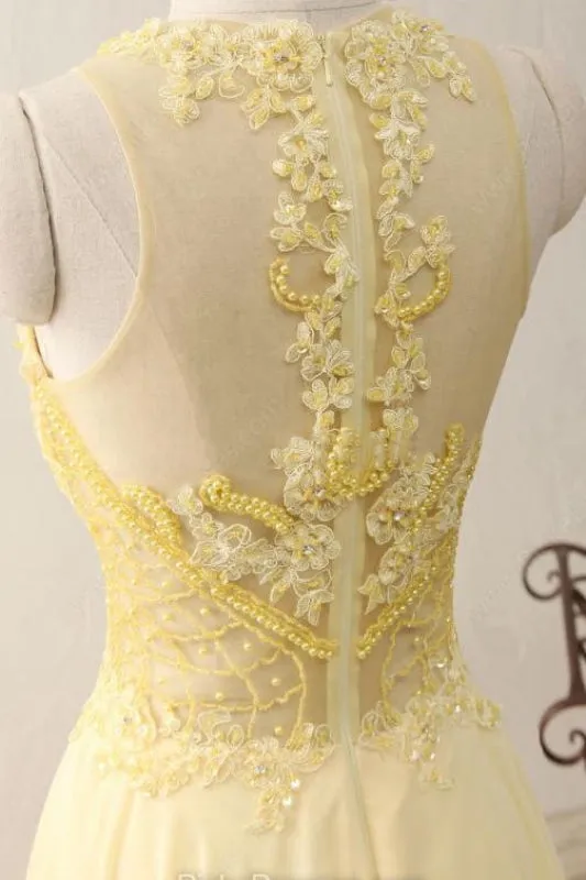 A Line Jewel Sleeveless Appliqued Prom with Beading Yellow Chiffon Evening Dress