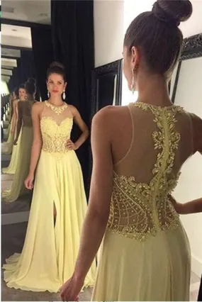 A Line Jewel Sleeveless Appliqued Prom with Beading Yellow Chiffon Evening Dress