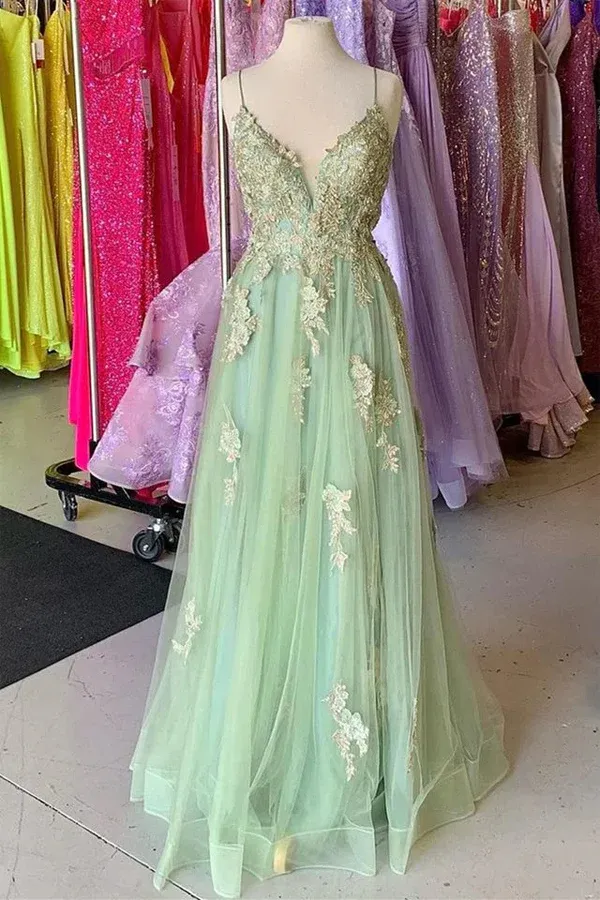 A Line Mint Green Tulle Prom Dresses With Appliques,BD93355