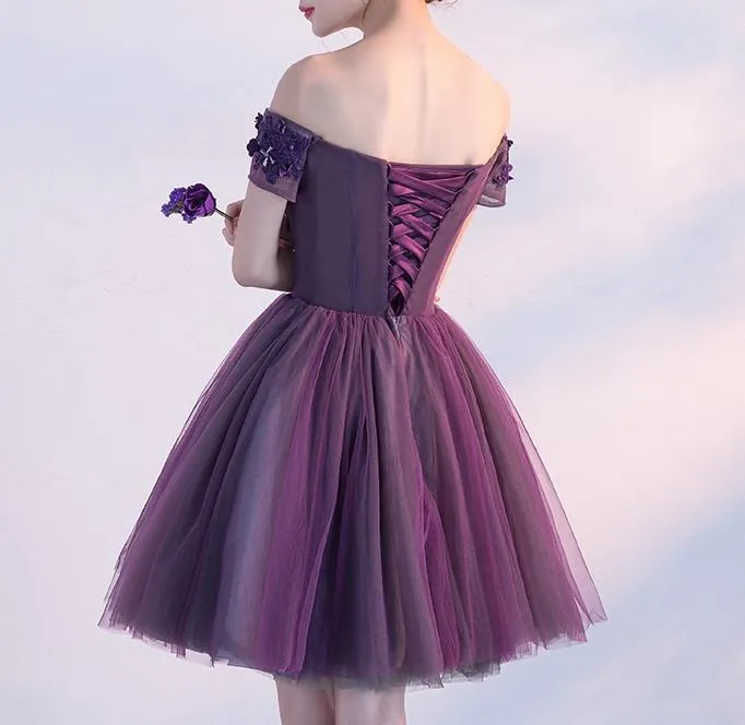 A-line Off-the -Shoulder Purple Tulle Homecoming Dress ,Short Prom Dresses,BDY0355