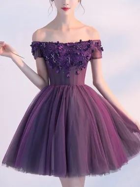 A-line Off-the -Shoulder Purple Tulle Homecoming Dress ,Short Prom Dresses,BDY0355