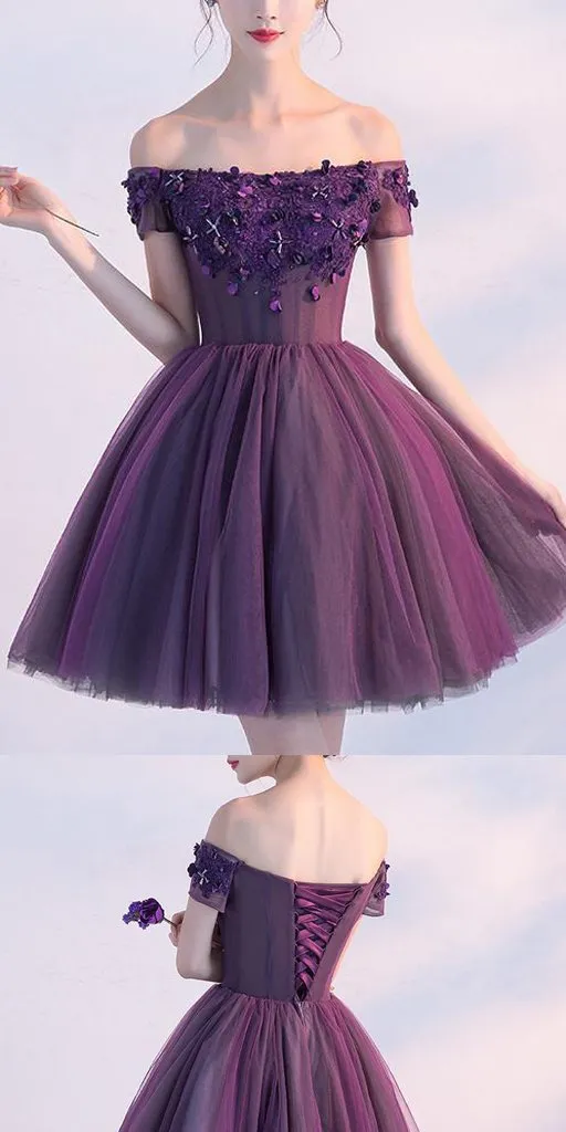 A-line Off-the -Shoulder Purple Tulle Homecoming Dress ,Short Prom Dresses,BDY0355