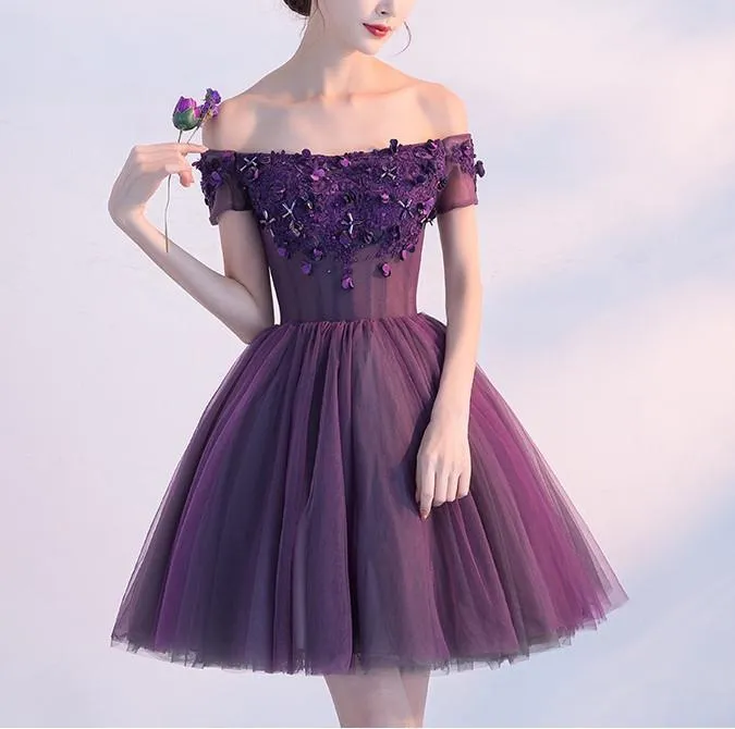 A-line Off-the -Shoulder Purple Tulle Homecoming Dress ,Short Prom Dresses,BDY0355