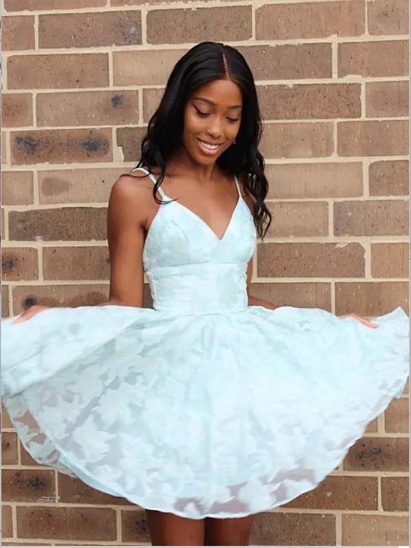 A-Line Spaghetti Straps Mint Lace Homecoming Dress ,Short Prom Dresses,BDY0365