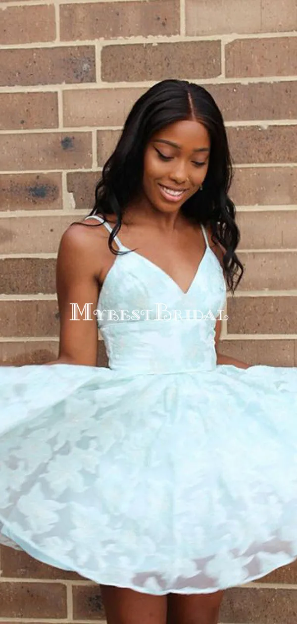 A-Line Spaghetti Straps Mint Lace Homecoming Dress ,Short Prom Dresses,BDY0365