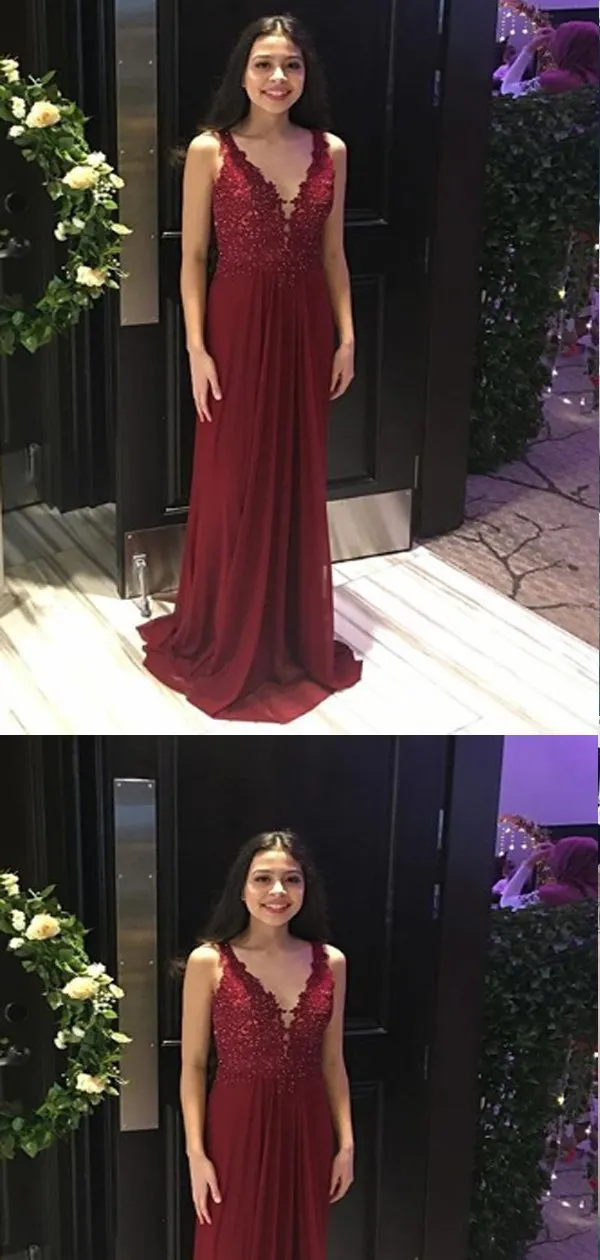 A-line V-neck Burgundy Lace Long Evening Prom Dresses,Cheap Prom Dresses,PDY0506