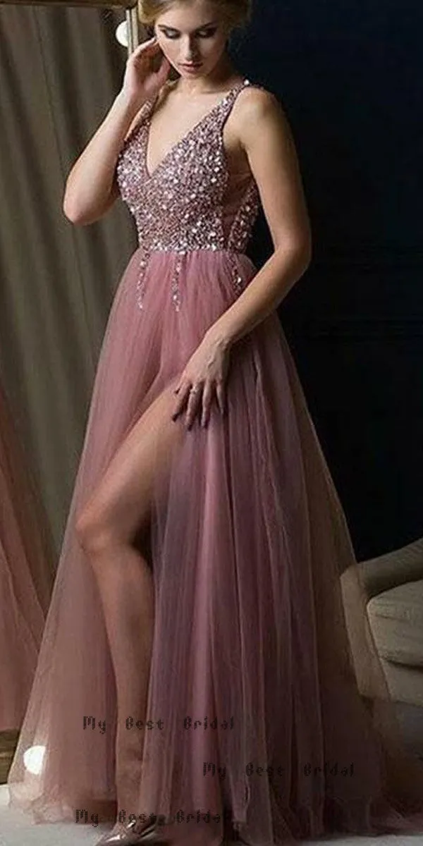 A-line V-neck Dusty Rose Tulle Evening Dresses,Cheap Prom Dresses,PDY0637