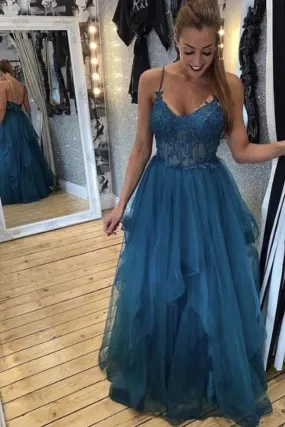 A-line V-neck Teal Tulle Spaghetti Straps Prom Dresses With Lace Appliques,BD930765