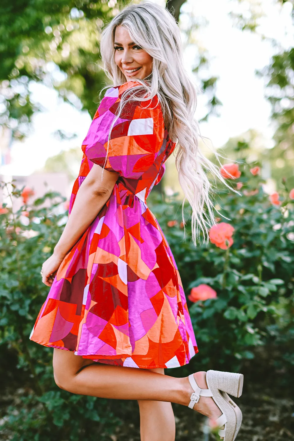 Abstract Puff Sleeve Dress