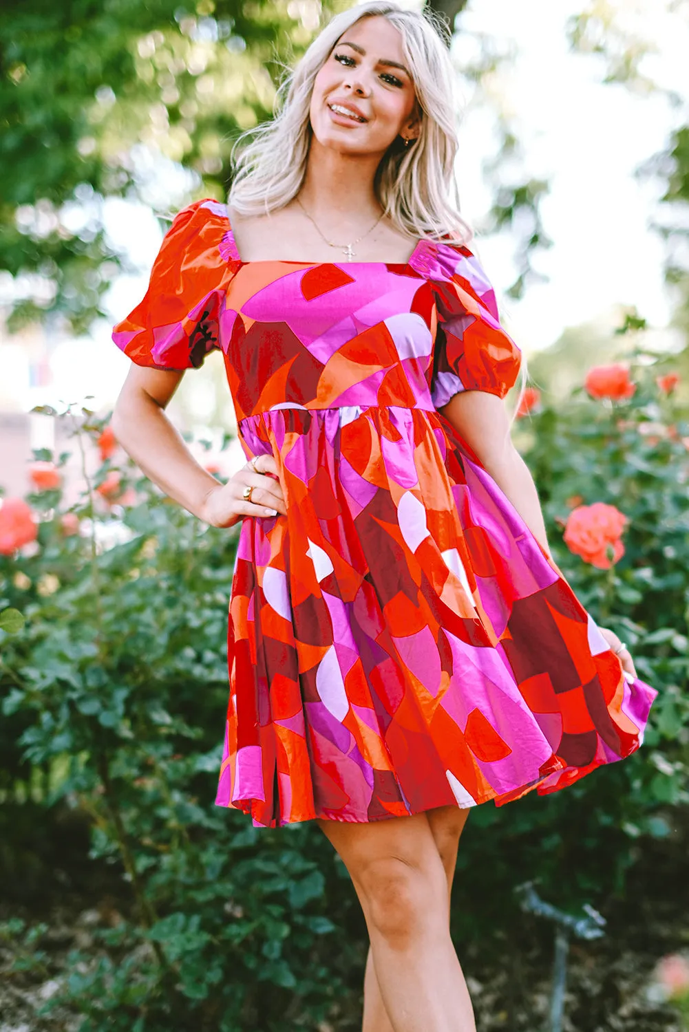 Abstract Puff Sleeve Dress