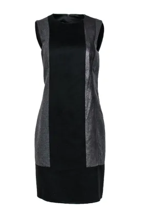 Akris - Black & Grey Paneled Wool Blend Shift Dress w/ Metallic Shimmer Sz 12