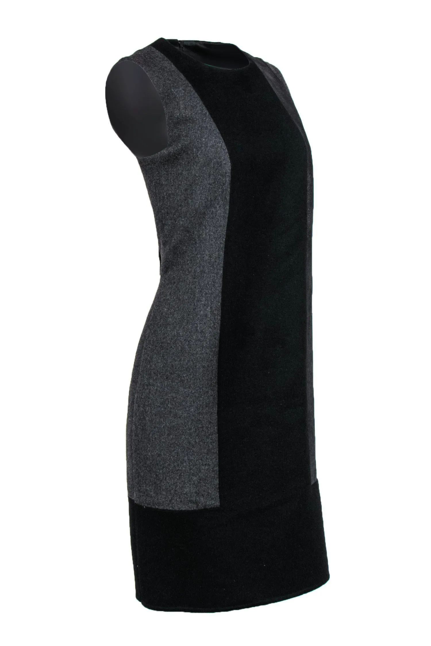 Akris - Black & Grey Paneled Wool Blend Shift Dress w/ Metallic Shimmer Sz 12