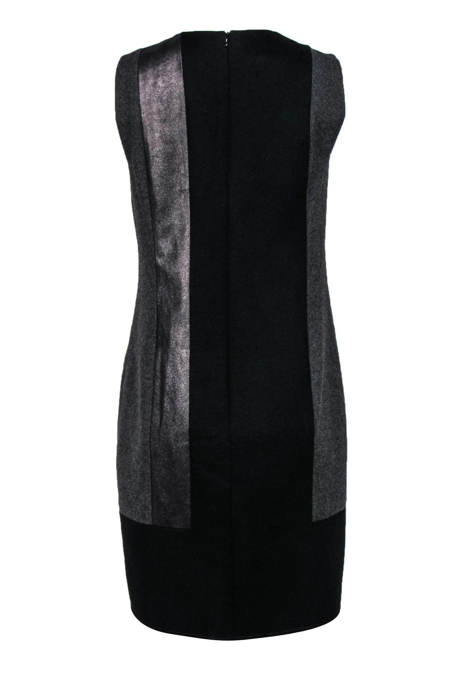 Akris - Black & Grey Paneled Wool Blend Shift Dress w/ Metallic Shimmer Sz 12