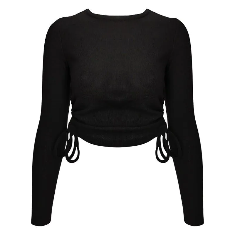 Autumn Women Clothing Trend Rib Drawstring Long Sleeve T-shirt Short Top