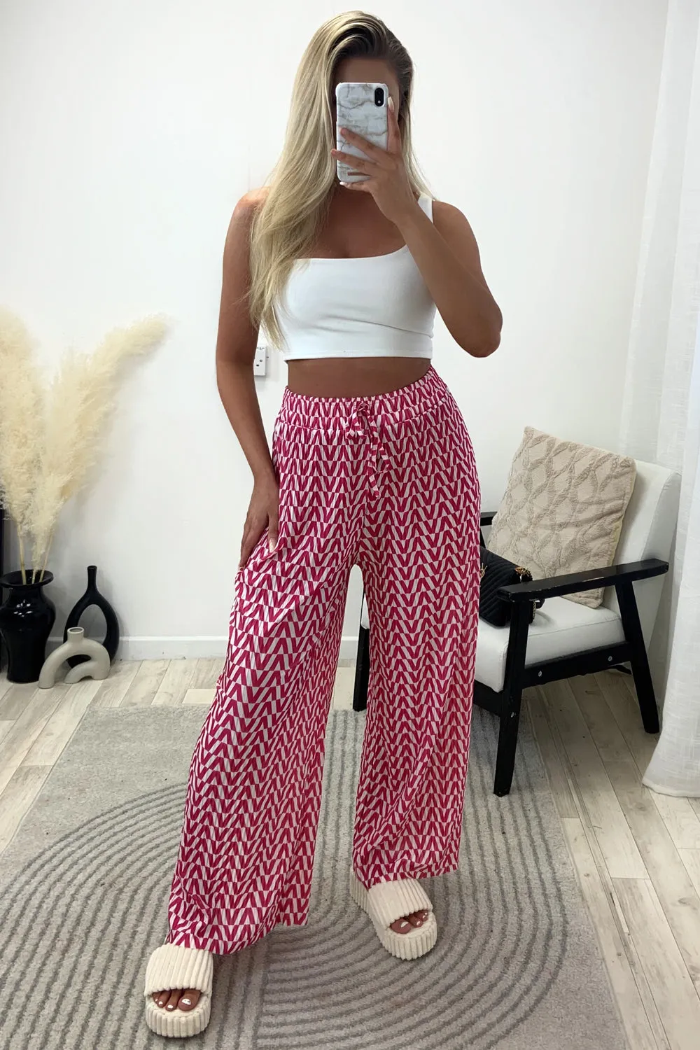 Avaa Pink and White Plisse Patterned Wide Leg Trousers