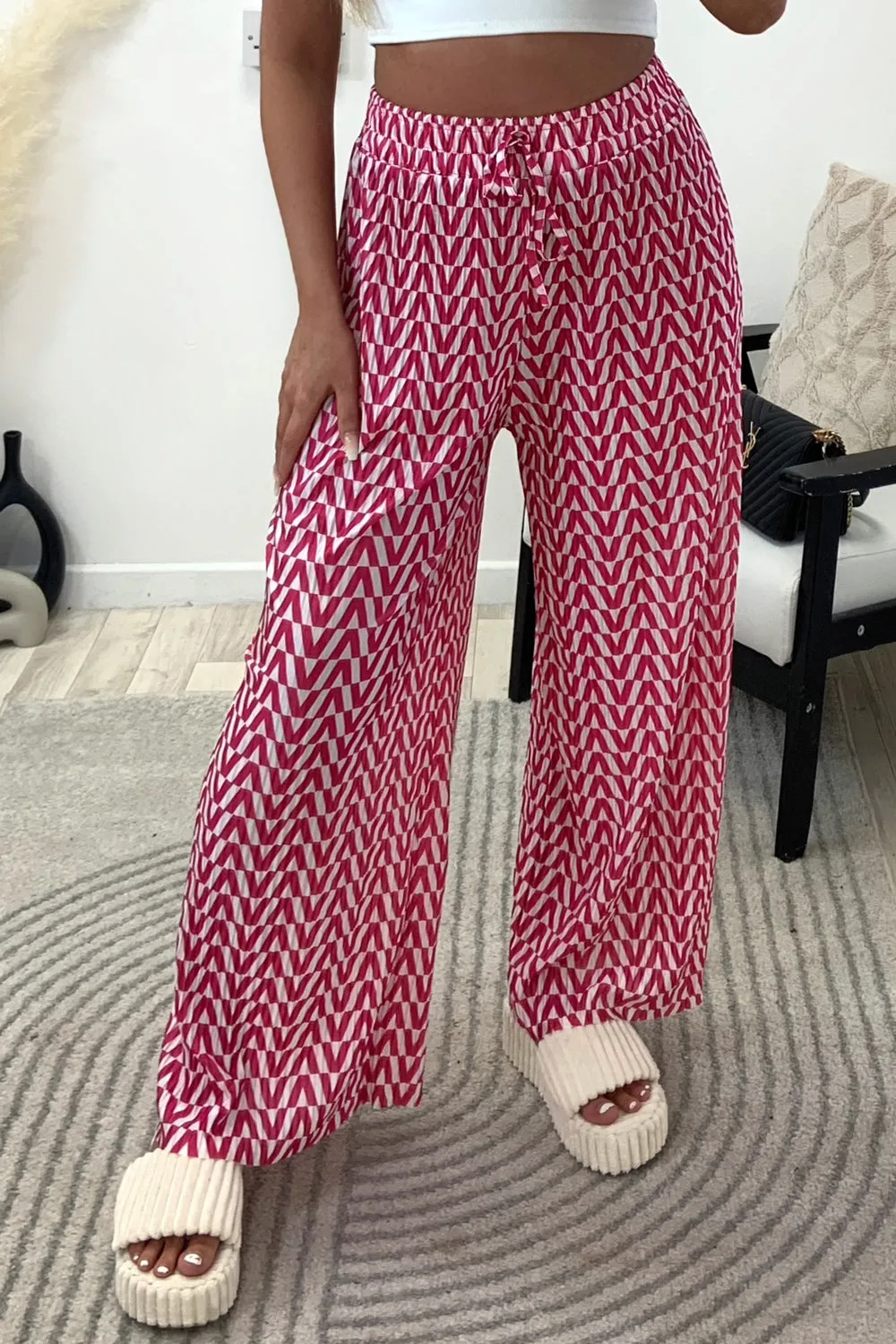 Avaa Pink and White Plisse Patterned Wide Leg Trousers