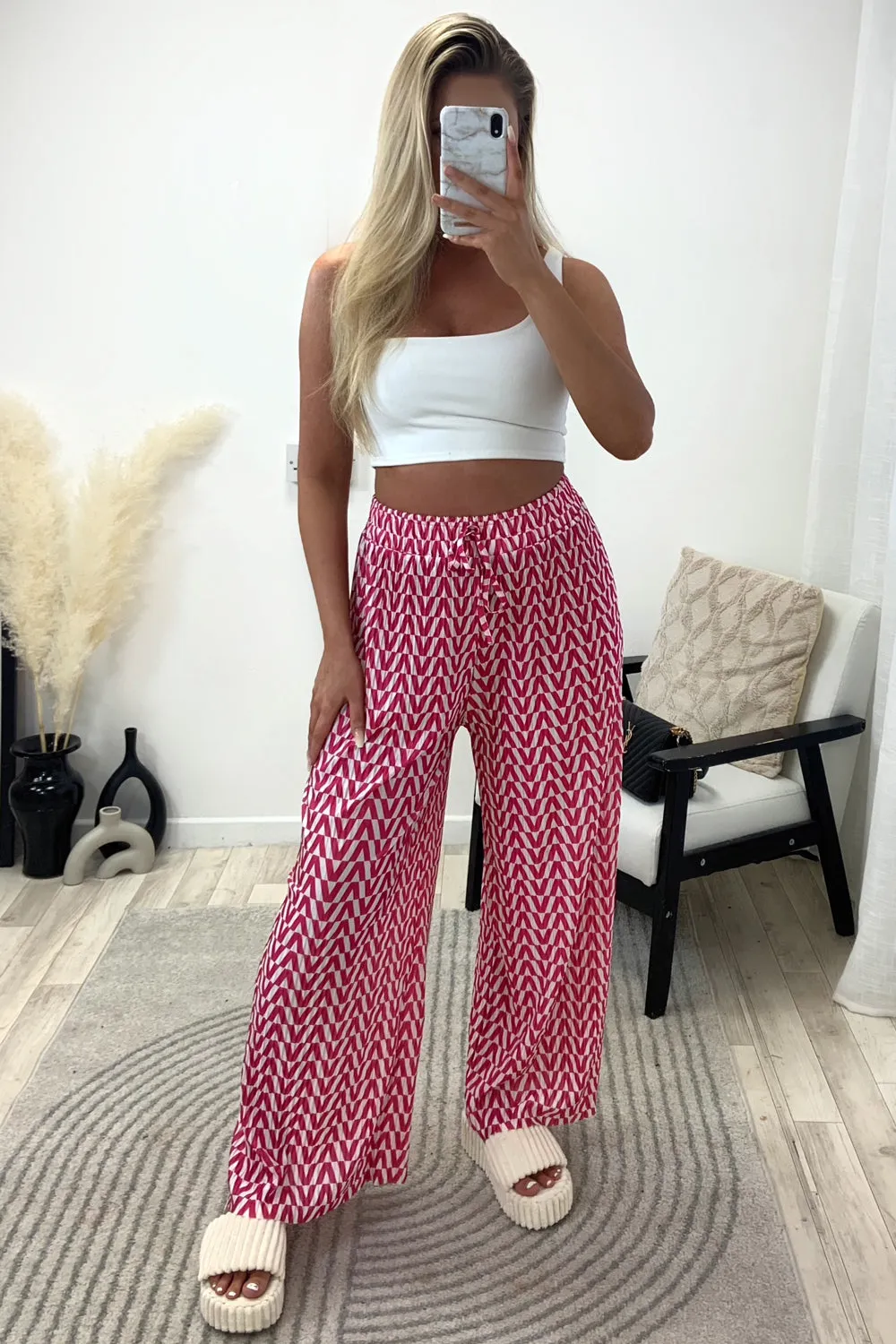 Avaa Pink and White Plisse Patterned Wide Leg Trousers