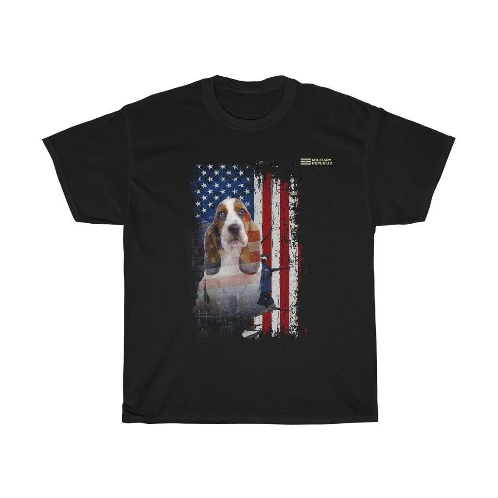 Basset Hound Dog with Distressed USA Flag Patriotic T-shirt