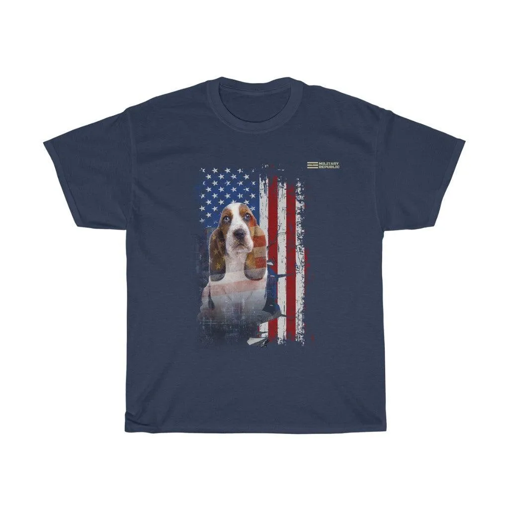 Basset Hound Dog with Distressed USA Flag Patriotic T-shirt