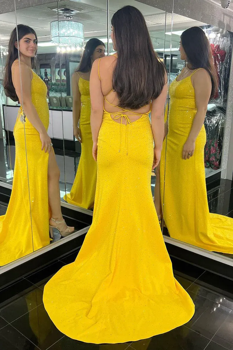 Beaded Scoop Neck Long Yellow Prom Dresses,BD93112