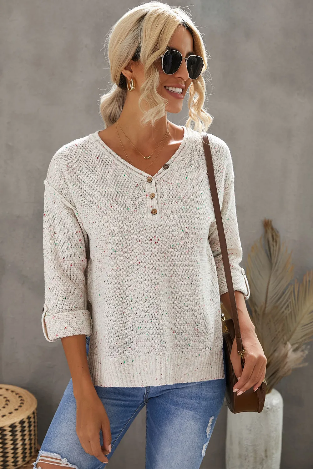 Beige Buttoned Drop Shoulder Knitted Sweater