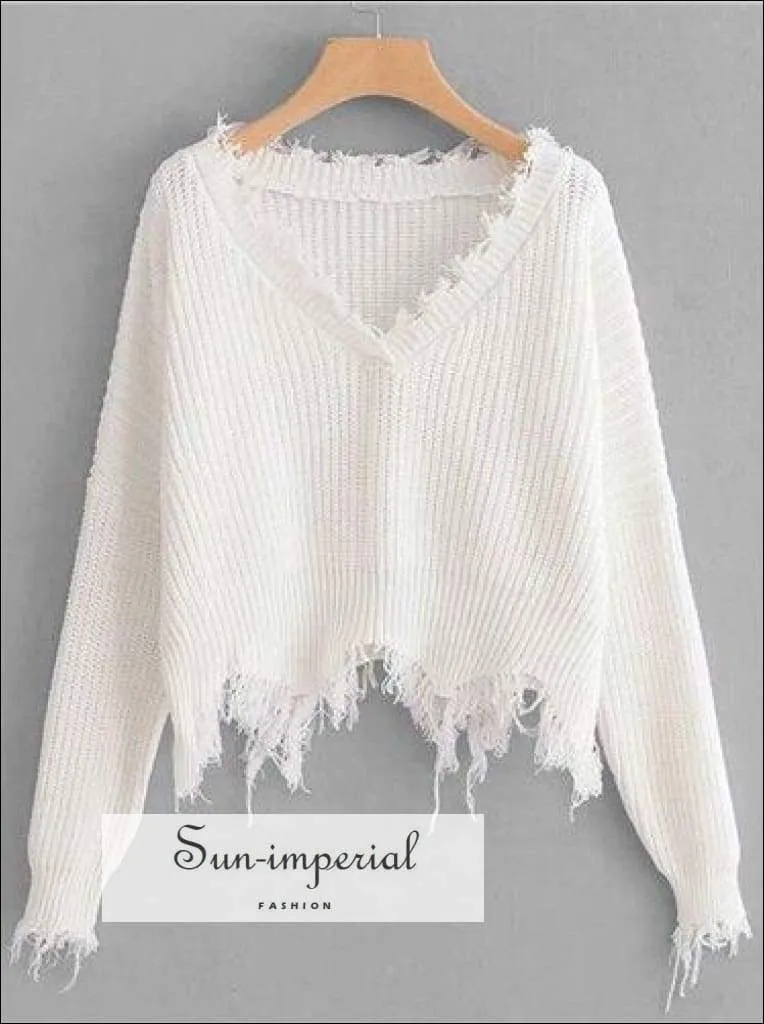 Beige Frayed Trim Drop Shoulder Jumper