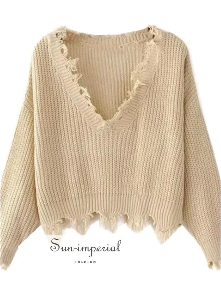 Beige Frayed Trim Drop Shoulder Jumper