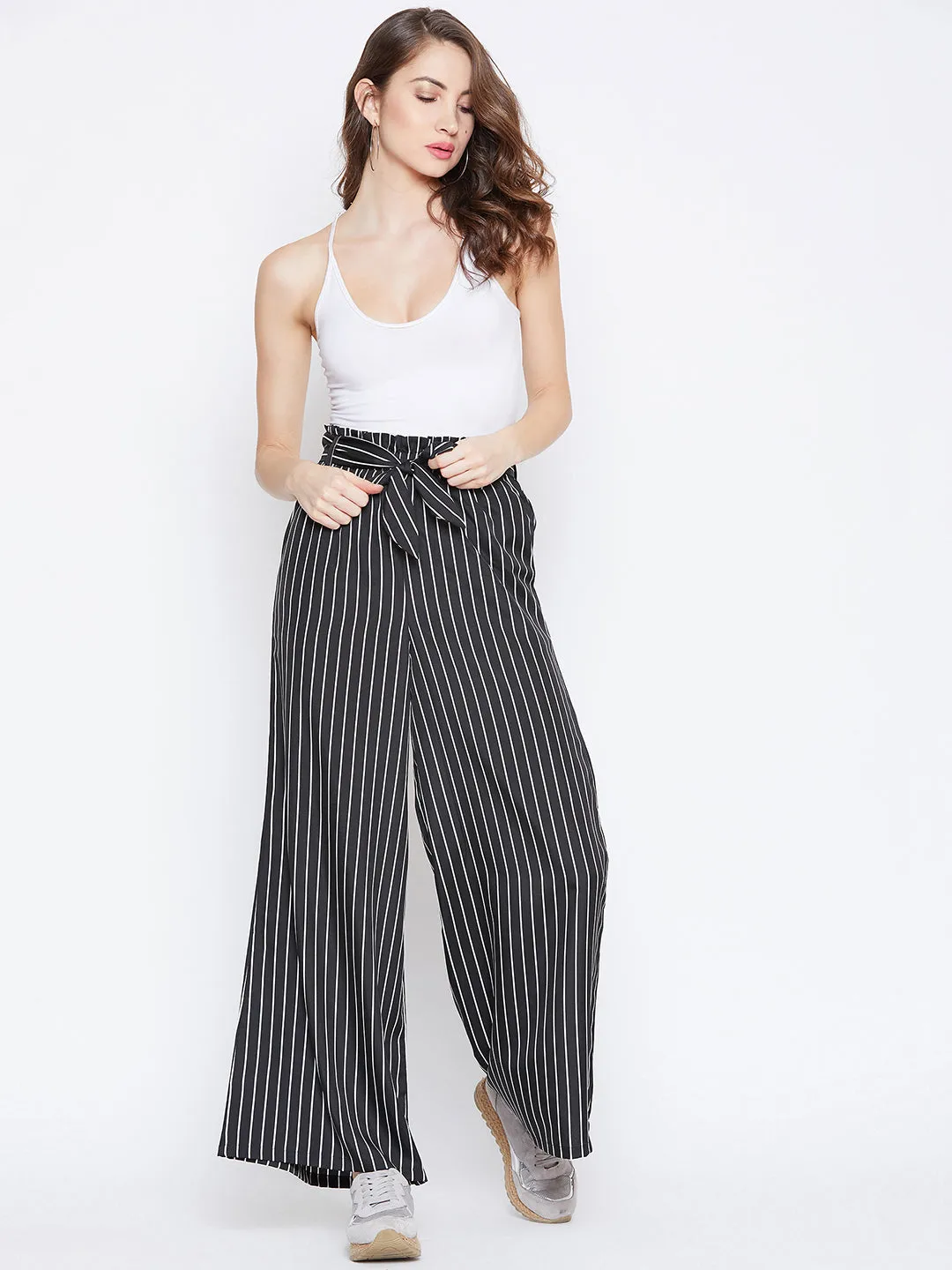 Berrylush Women Black & White Striped Pattern Waist Tie-Up Mid-Rise Trousers