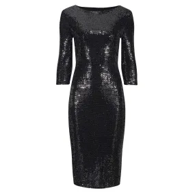 Black And Silver Sequin 3/4 Sleeve Bodycon Pencil Wiggle Party Dress