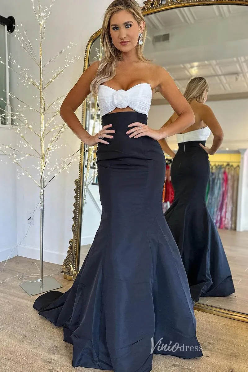 Black and White Mermaid Satin Prom Dresses Rose Pleated Bodice FD4047