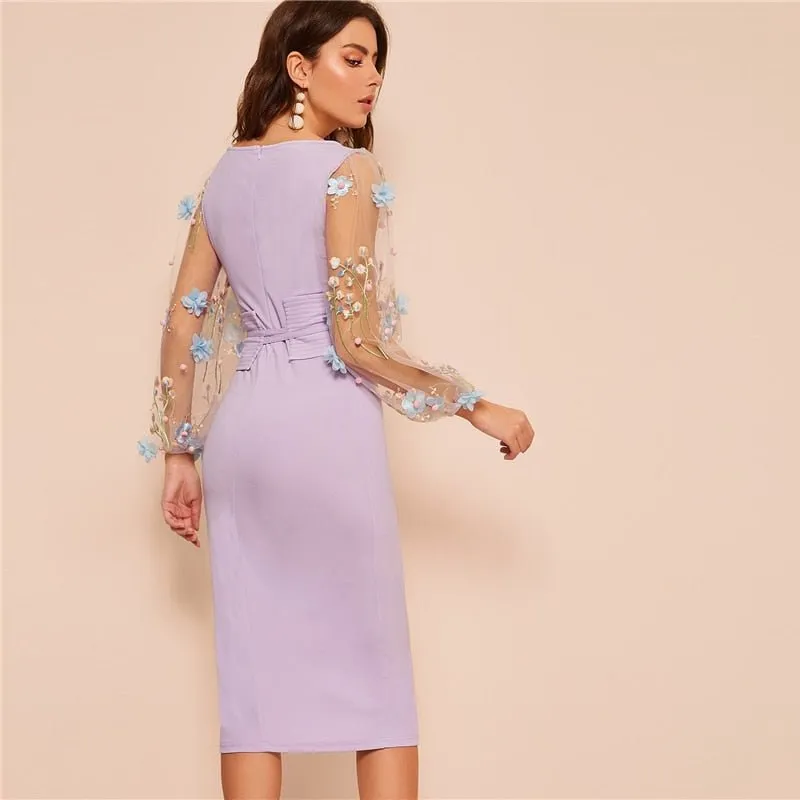 Black Applique Embroidered Mesh Sleeve Pencil Dress Women Autumn Elegant Casual Boat Neck Bishop Sleeve Pencil Dresses