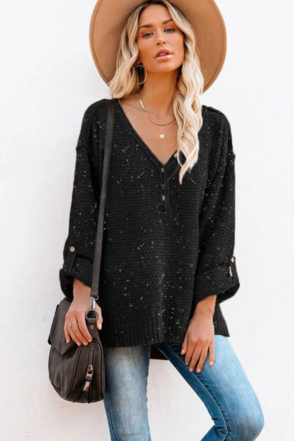 Black Buttoned Drop Shoulder Knitted Sweater