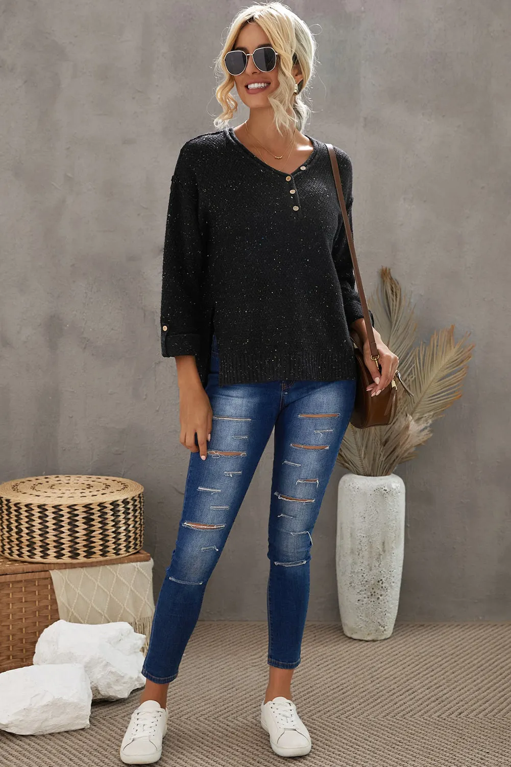 Black Buttoned Drop Shoulder Knitted Sweater