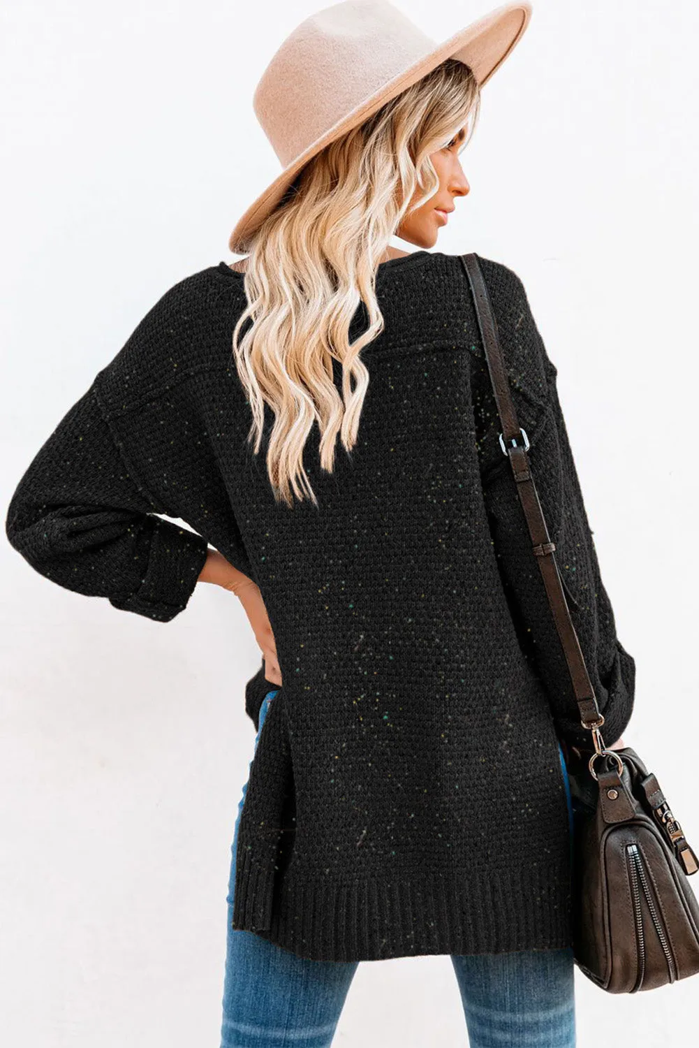 Black Buttoned Drop Shoulder Knitted Sweater