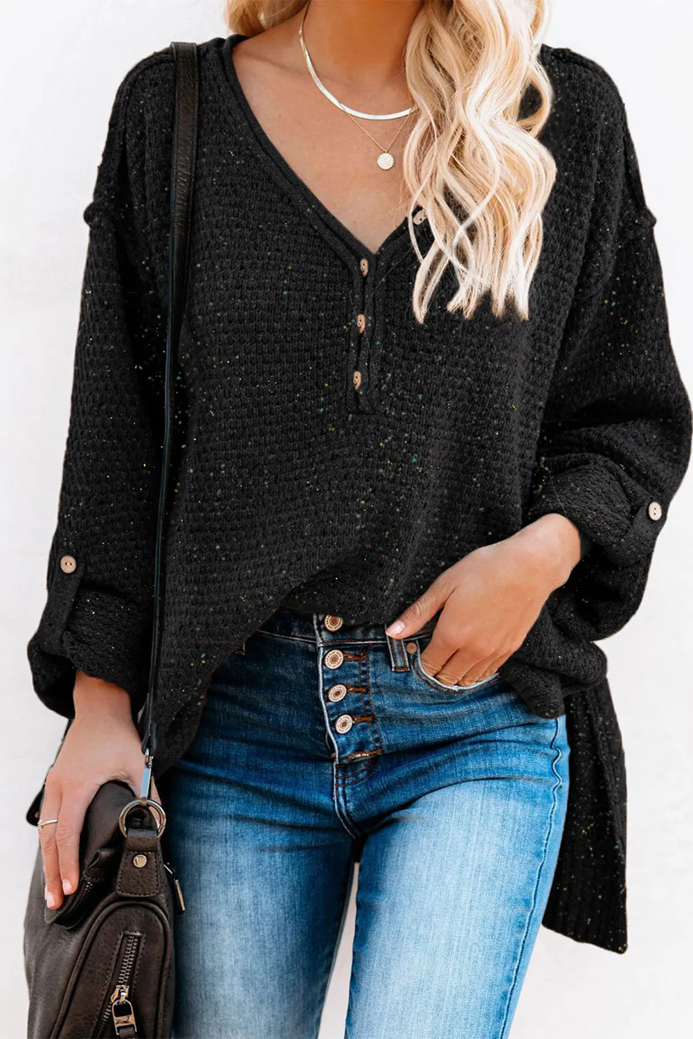 Black Buttoned Drop Shoulder Knitted Sweater