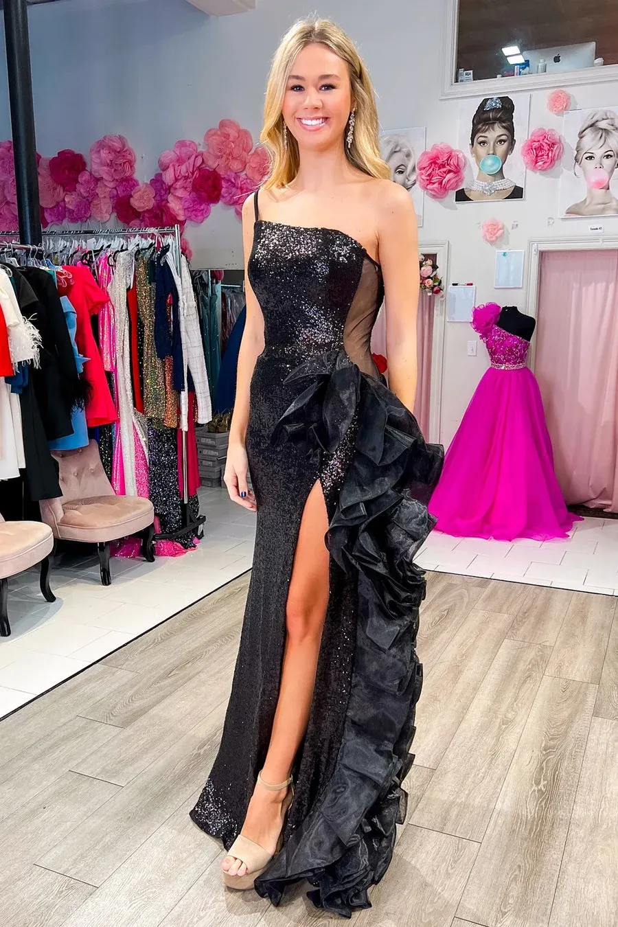 Black Sequin Mesh One-Shoulder Ruffle Long Formal Dresses,BD93144