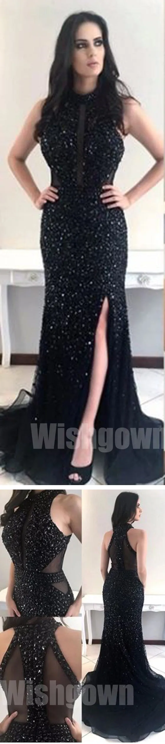 Black Sexy Mermaid Sparkle Heavy Beaded Side Split Long Prom Dresses, WG1075