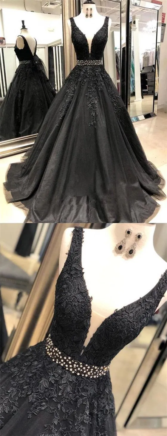 Black V-neck Lace Appliques A-line Prom Dresses, Beaded Prom Dresses, BG0439