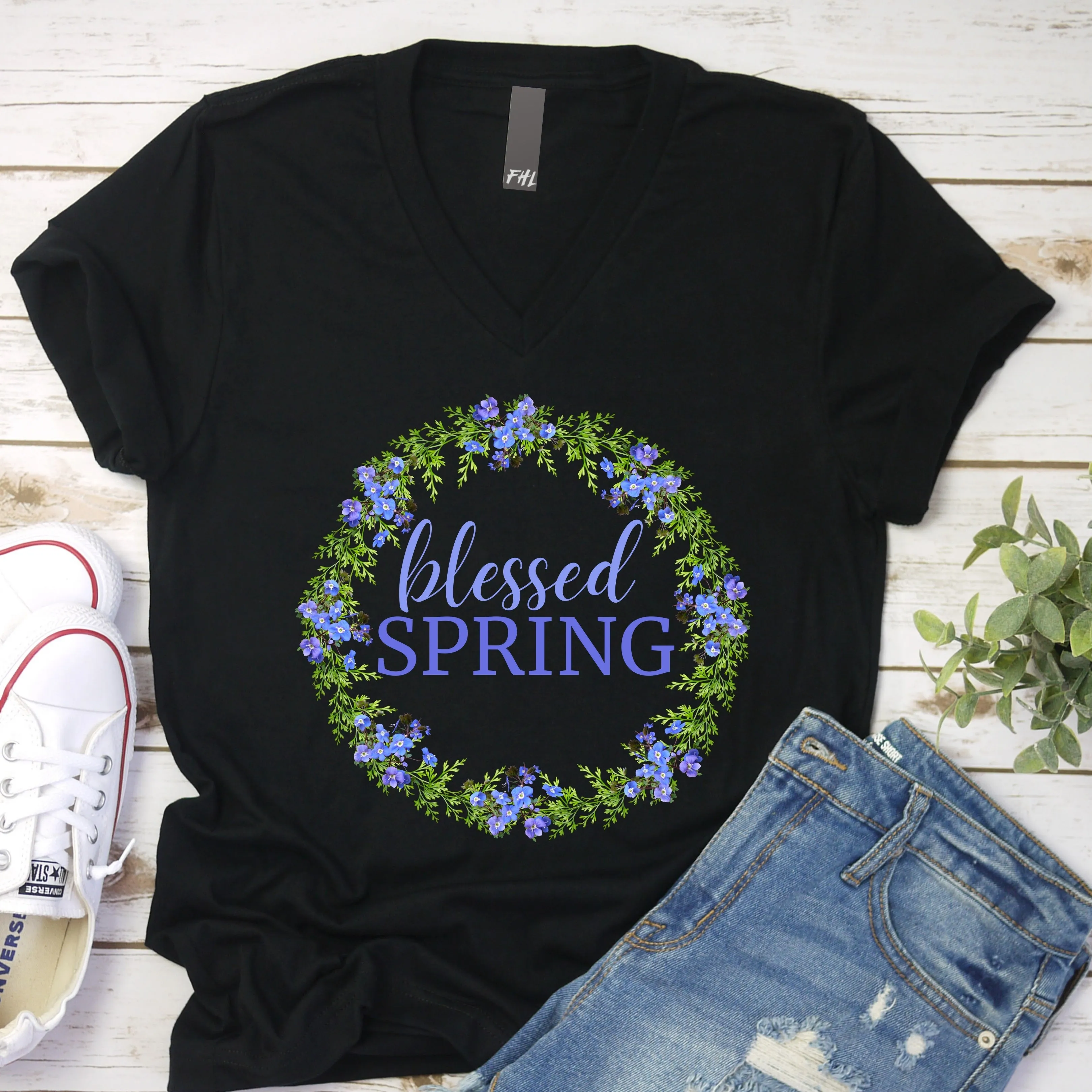 blessed SPRING Floral Wreath V-Neck T-Shirt