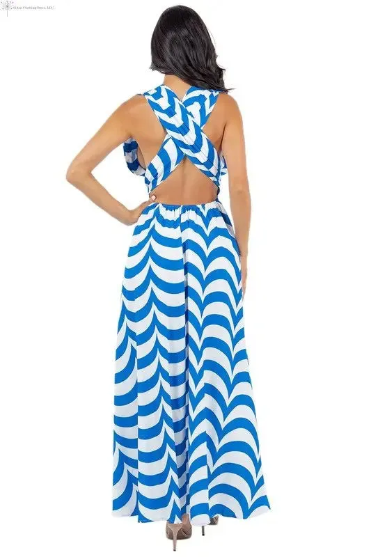 Blue and White Maxi Dress Side Slit