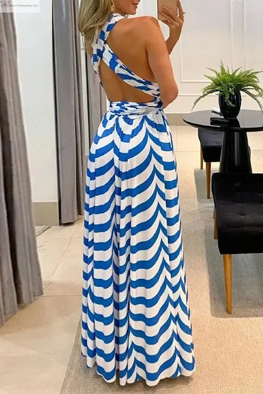 Blue and White Maxi Dress Side Slit