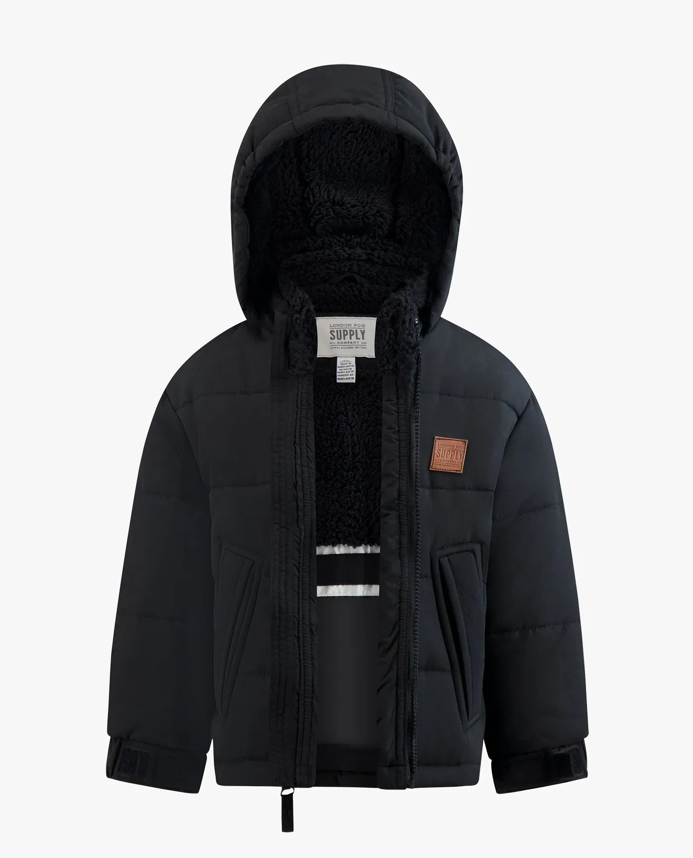 BOYS ZIP-FRONT HOODED SHERPA LINED PUFFER